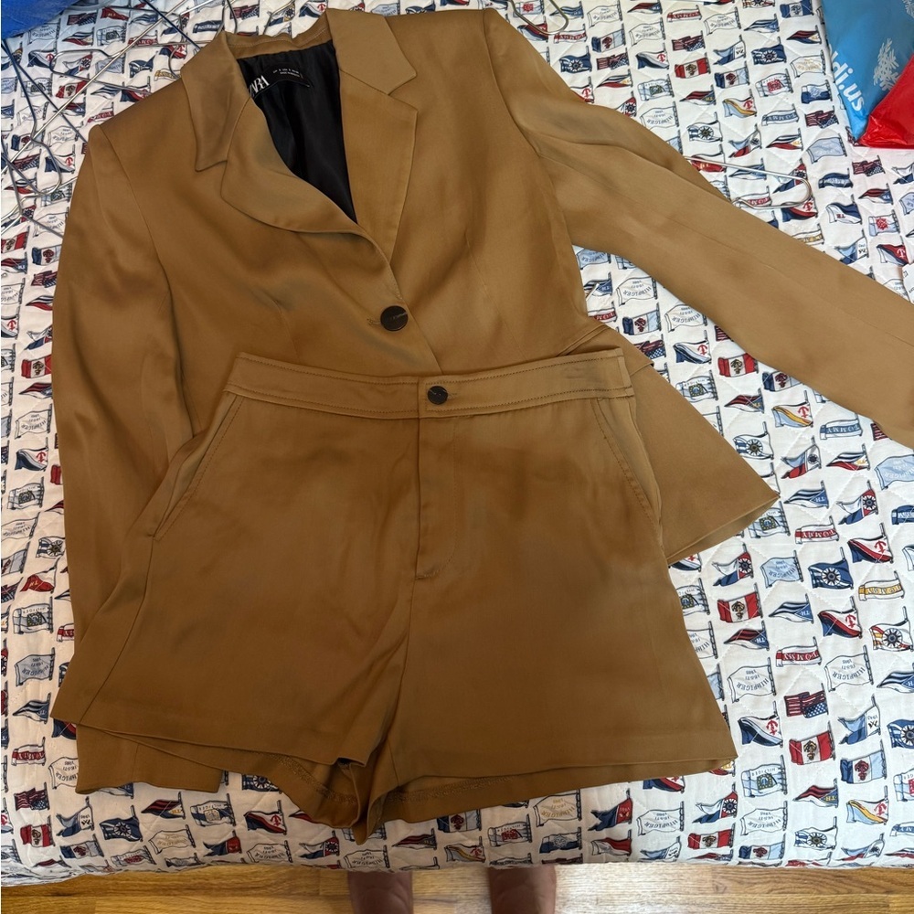 Zara Tan Blazer and Shorts Set